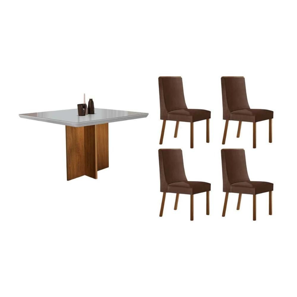 Conjunto de Jantar Berlim 4 Lugares Tampo em MDF com Cadeiras Estofadas Suede Marrom 90CM Móveis Rufato