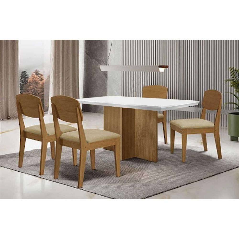 Conjunto de Jantar Berlim Curvo 4 Lugares Tampo em MDF com Bordas Arredondadas Off White 120CM Móveis Rufato
