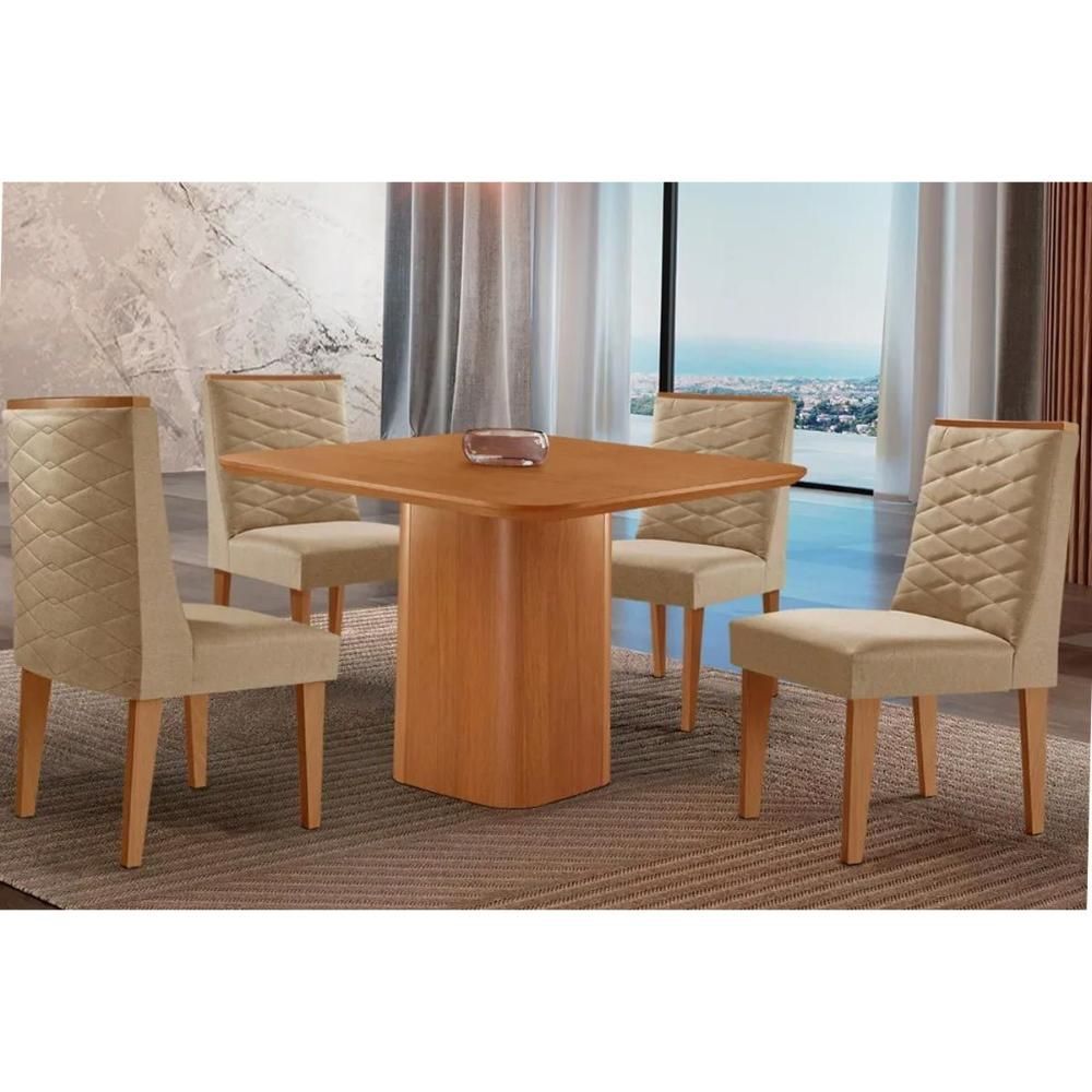 Kit Mesa e 4 Cadeiras Maldivas e Dafne Moderno MDF Estofado em Tecido 99CM Capuccino e Linho Bege Móveis Rufato