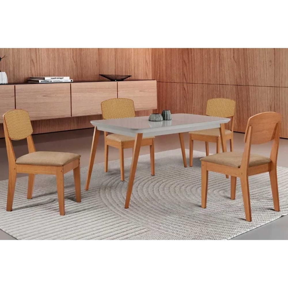 Conjunto Mesa Cozinha Havana Curvo 120CM e 4 Cadeiras Moderno MDF-MDP Vidro Linho Bege Naturale Off White Móveis Rufato
