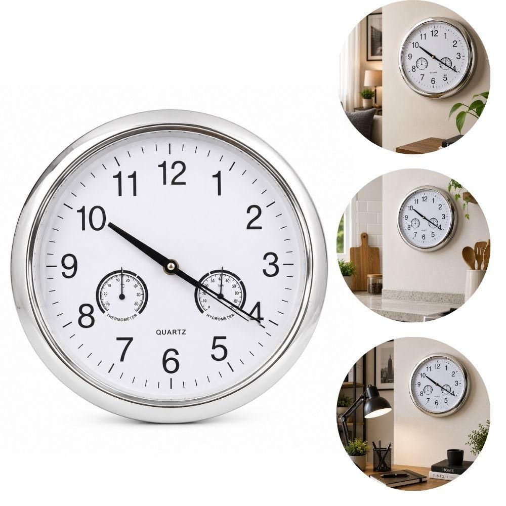 Relógio de Parede Decorativo 25cm Prata com Termômetro e Higrômetro Ilustrativos e Vidro Yeet 25CM