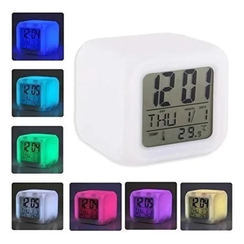 Relógio de Mesa 5 em 1 com LED Colorido Alarme Calendário Termômetro e Luz Noturna Branco Yeet 8CM