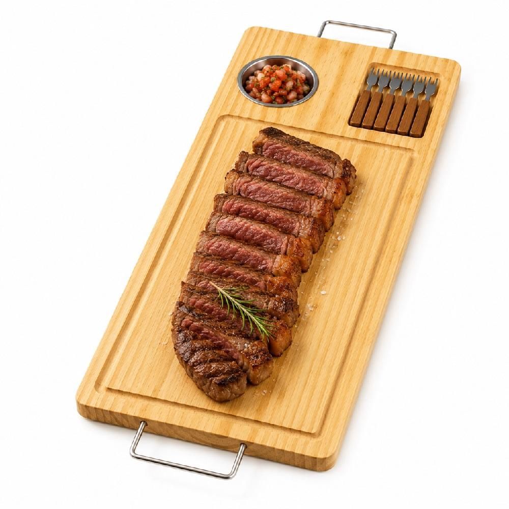 Tábua de Churrasco Madefer com Molheira em Inox e 6 Garfinhos Madeira de Pinus Design Elegante para Servir Carnes