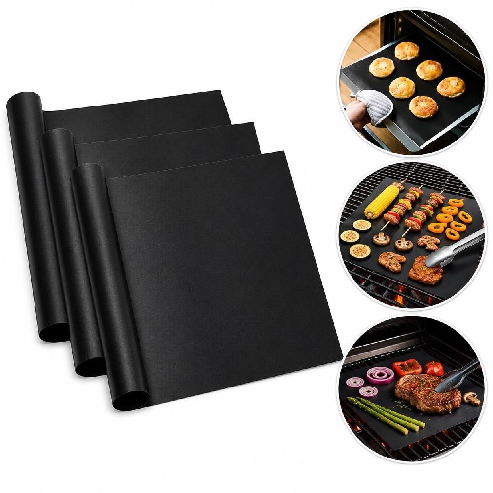 Manta Antiaderente para Churrasqueira e Forno Kit com 3 em Fibra de Vidro com Revestimento em Teflon Reutilizável Preto