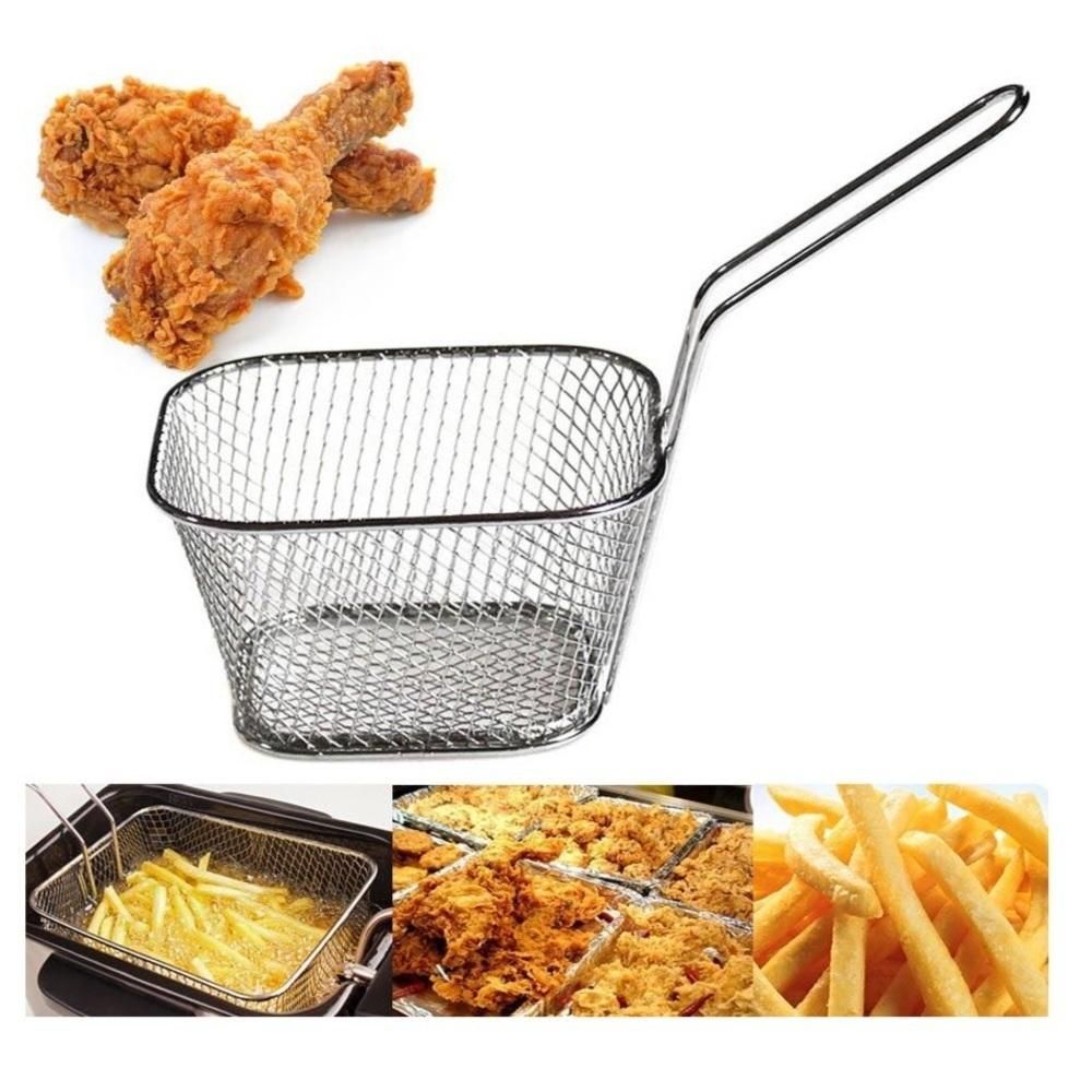 Mini Cesto para Frituras Gourmet em Aço Inox com Estrutura Aramada para Escoamento de Óleo Ideal para Batata Frita
