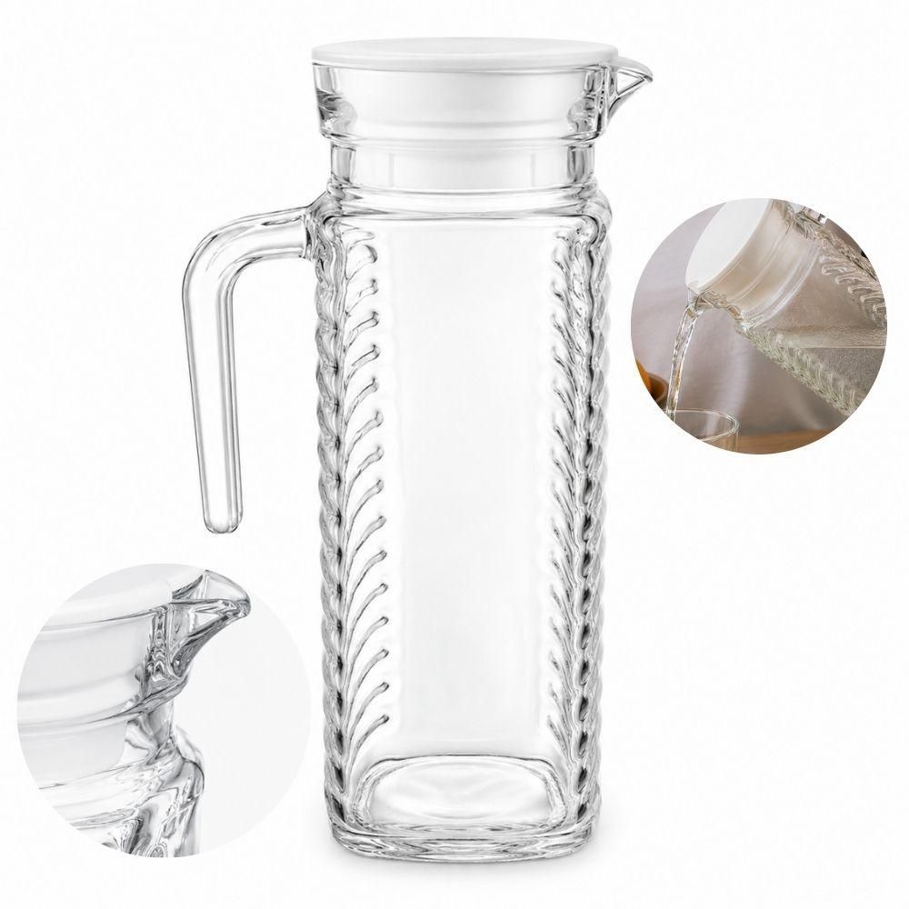 Jarra de Vidro Firenze para Água Sucos e Bebidas com Tampa Plástica Branca Detalhes em Relevo para Mesa Transparente