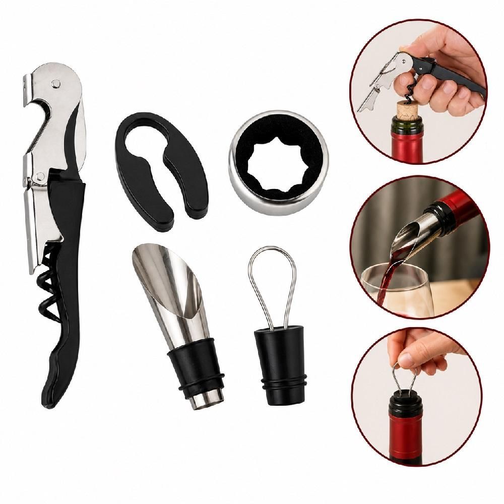 Kit de Acessórios para Vinho 5 Peças em Inox com Saca-Rolhas Dosador Tampa Anel Salva Gotas e Cortador de Lacre Yeet