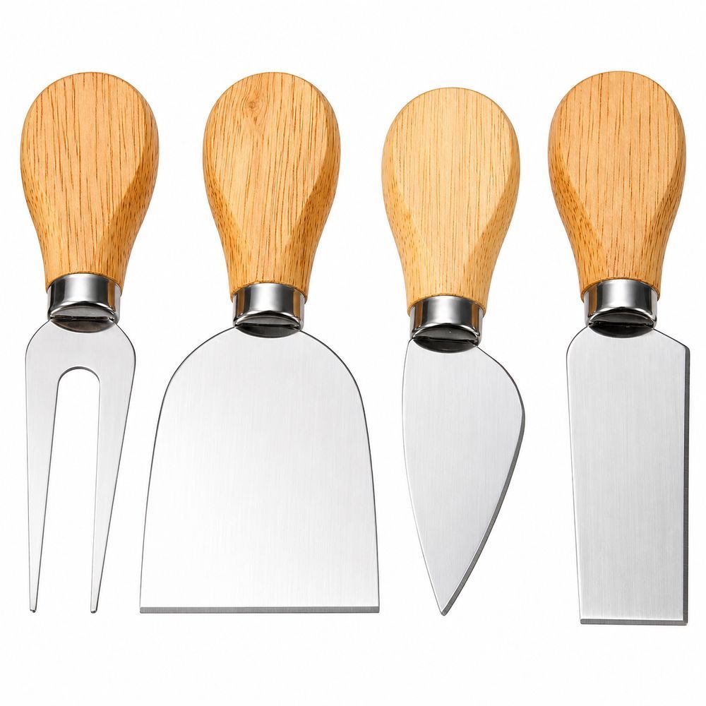 Kit para Queijo e Petiscos 4 Peças em Aço Inox com Cabo de Madeira para Frios Lâminas Resistentes e Cabos Ergonômicos