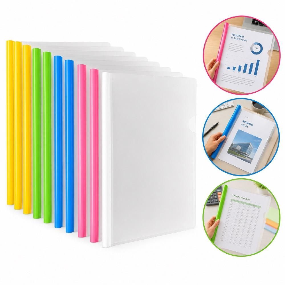 Pasta Canaleta Yeet Kit 10 A4 22CM Transparente PP para Arquivar Documentos sem Furar Folhas