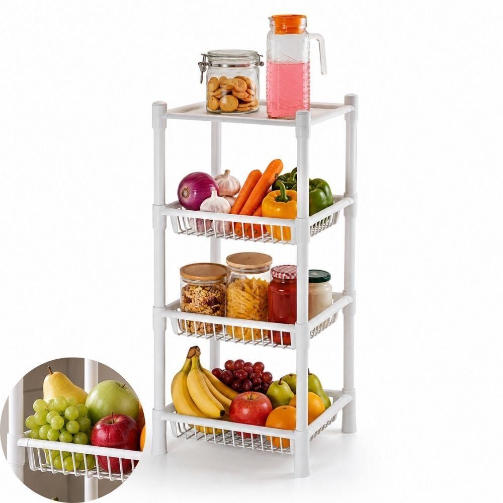 Fruteira de Chão Máxximo com 3 Cestos Desmontável em Plástico Organizador para Cozinha Branco Yeet 36CM