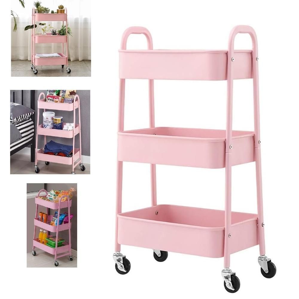 Carrinho Organizador Multiuso com 3 Bandejas em Aço Carbono Rodízios Giratórios para Ambientes Rosa Yeet 40CM