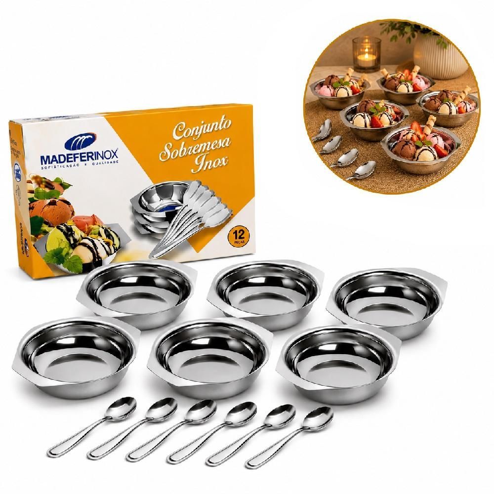 Conjunto para Sobremesa 12 Peças em Aço Inoxidável com Tigelas e Colheres Polidas para Sorvete e Açaí Inox Yeet 6
