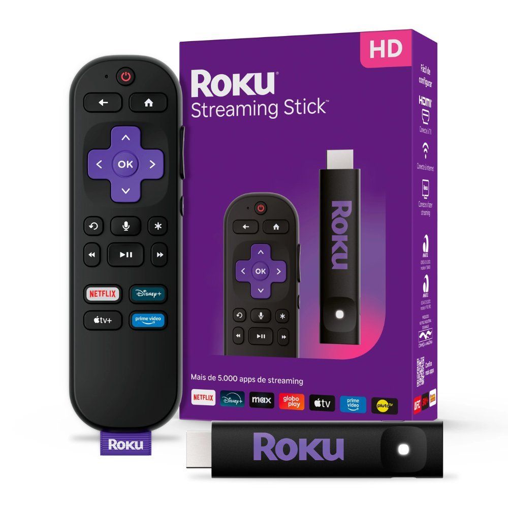 Streaming Stick Roku Full HD com Controle por Voz e Wi-Fi Duplo Bivolt Preto