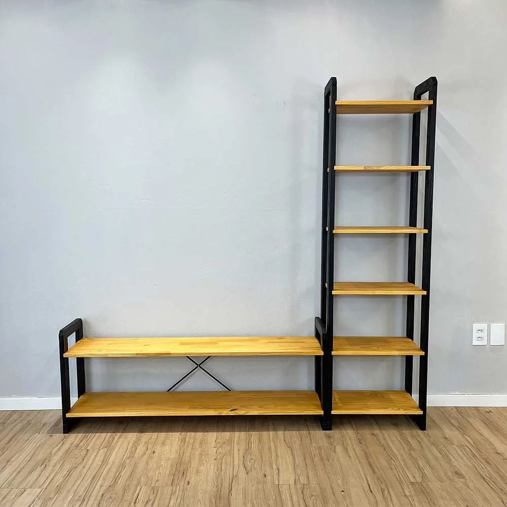 Rack Tv Slim Linea 141,5CM Madeira Pinus com Estante 6 Prateleiras Nozes e Preto Artfactory Design