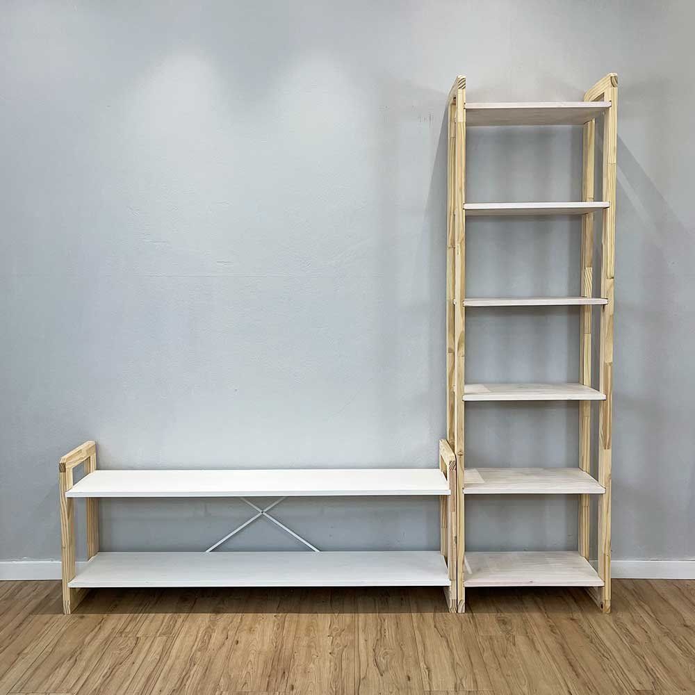 Rack Tv Slim Linea 141,5CM Madeira Pinus com Estante Branco e Natural Artfactory Design 6 Prateleiras