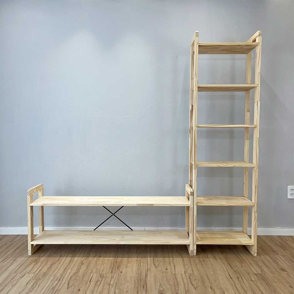 Rack Tv Linea Natural 141,5CM Madeira Maciça com Estante 6 Prateleiras Artfactory Design