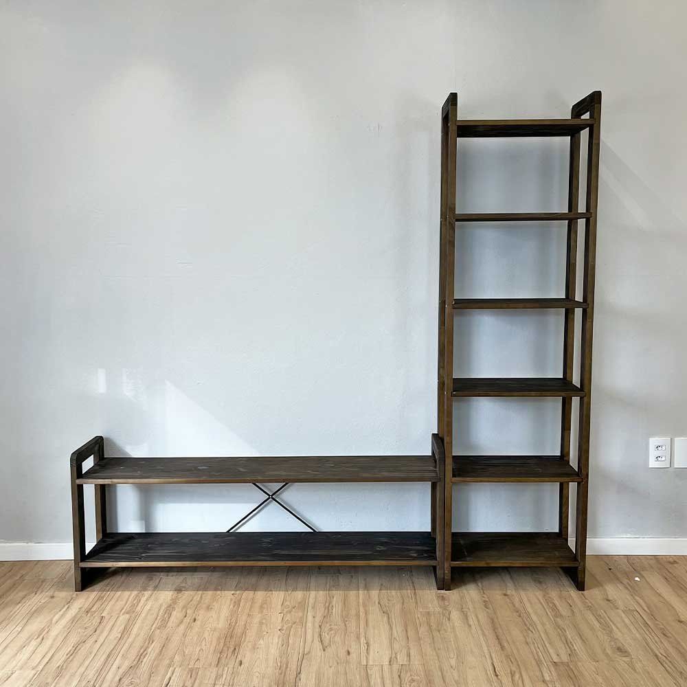 Rack para TV Slim Linea 55" 141.5CM Madeira Maciça com Estante 6 Prateleiras Amadeirado Artfactory Design