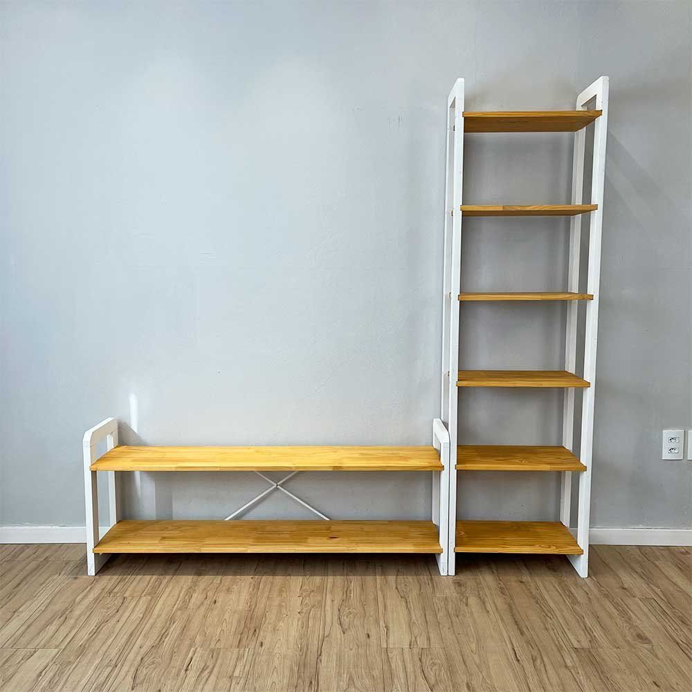 Rack Tv Linea 141.5CM Madeira Pinus com Estante 6 Prateleiras Nozes e Branco Artfactory Design 2 Volumes