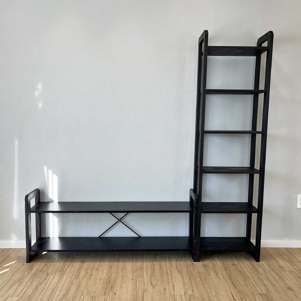 Rack TV de Madeira Pinus com Estante 6 Prateleiras Slim Linea 141.5CM MDP com Nicho Preto Artfactory Design 185.5CM