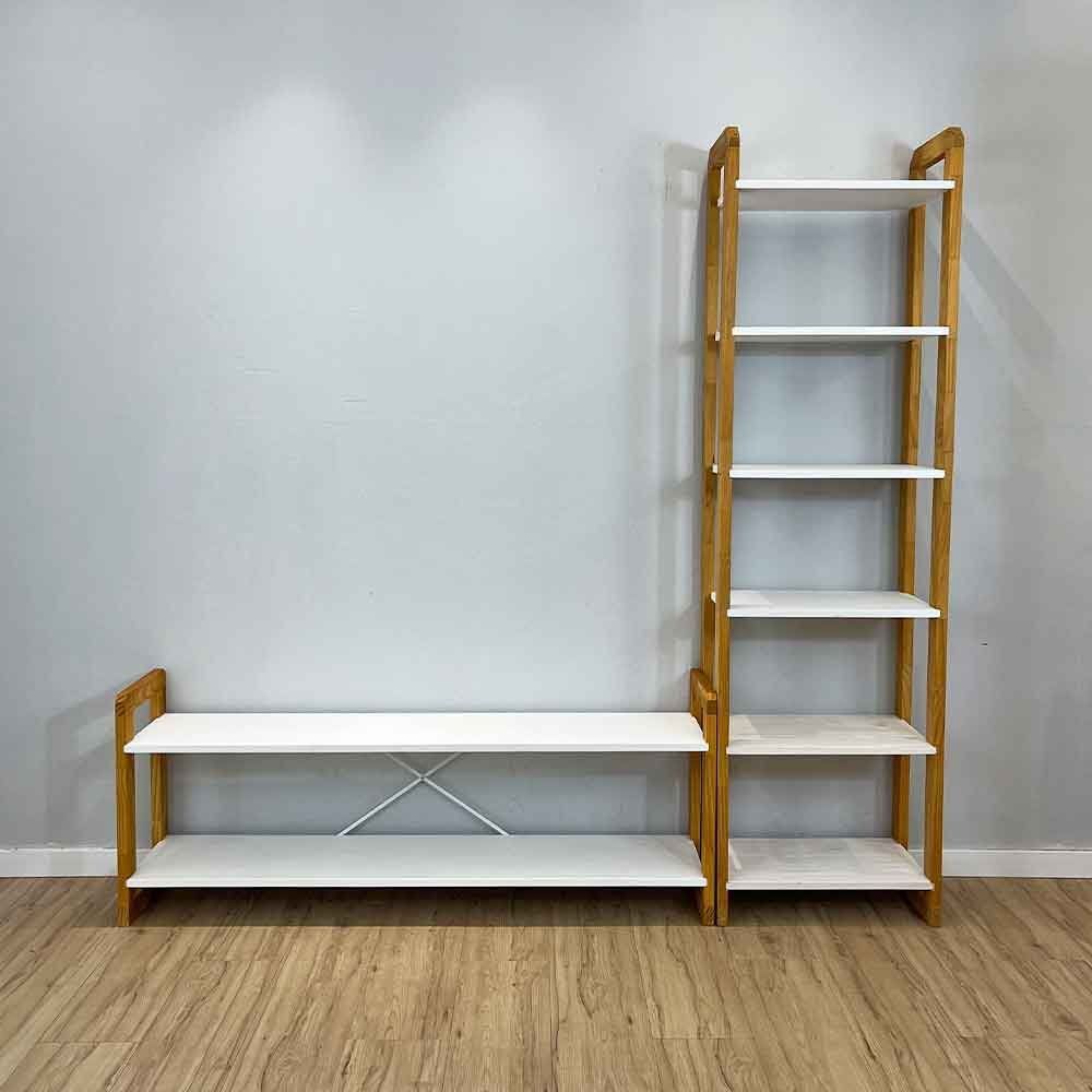 Rack TV com Estante Linea 6 Prateleiras 141,5CM Madeira Pinus Branco e Nozes Artfactory Design 185,5CM 2 Volumes