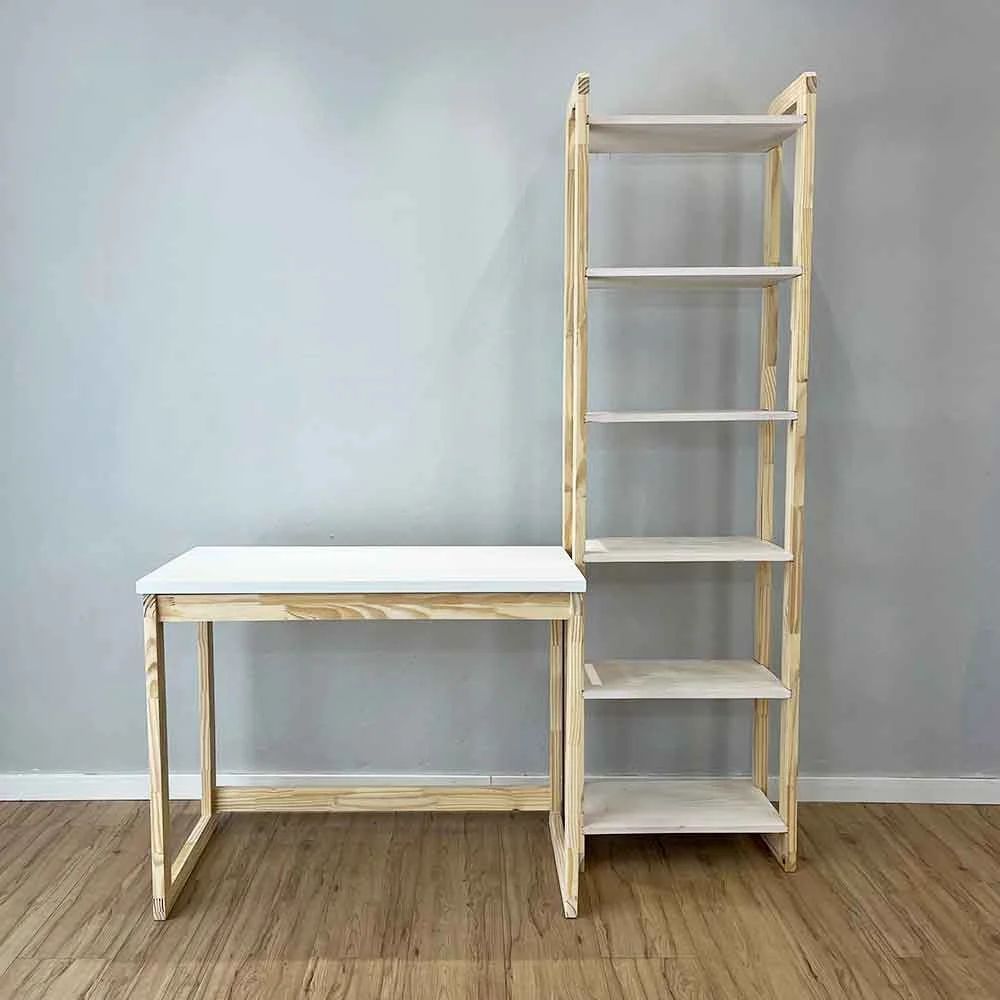 Home Office Escrivaninha e Estante Linea Slim Moderno sem Gavetas Madeira Pinus 96CM Branco e Natural Artfactory Design