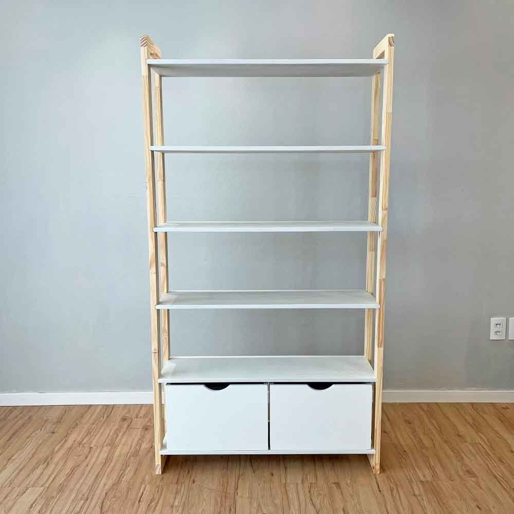 Estante Linea Ample 6 Prateleiras 2 Gavetas sem Porta Madeira Pinus 100CM Branco e Natural Artfactory Design 188,5CM