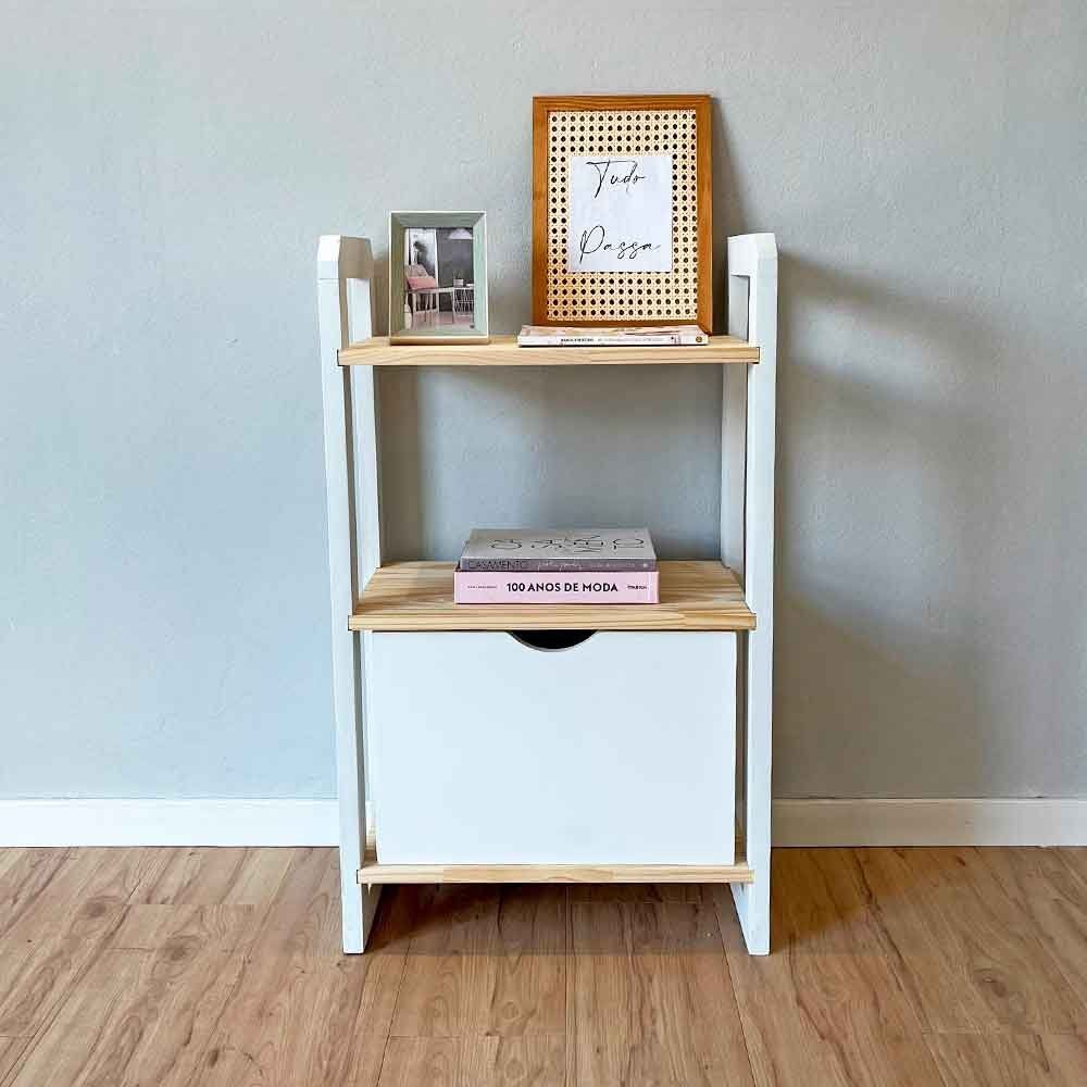 Aparador Linea Slim Moderno sem Porta 1 Gaveta Madeira Maciça 53CM Natural e Branco Artfactory Design