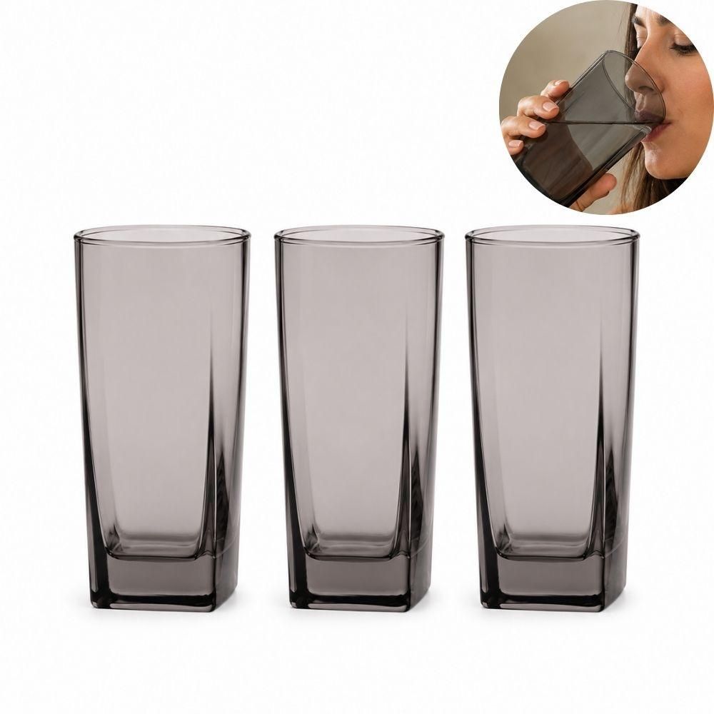 Conjunto de Copos Texas 315ML Quadrado em Vidro Design Moderno para Bebidas Cinza Fumê Yeet 3 Unidades
