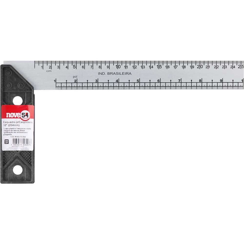Esquadro para Carpinteiro 10 com Marcações de Ângulos 45 graus  e 90 graus  e Cabo Plástico Nove54