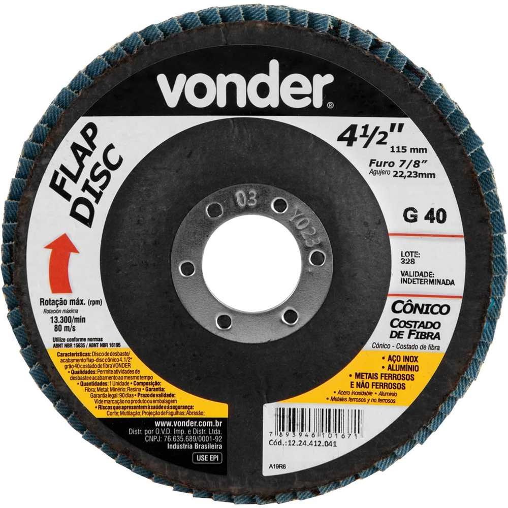 Flap-disc 1224412041 Desbaste e Acabamento Simultâneos Formato Cônico Grão 40 Vonder 115MM 13.300 RPM