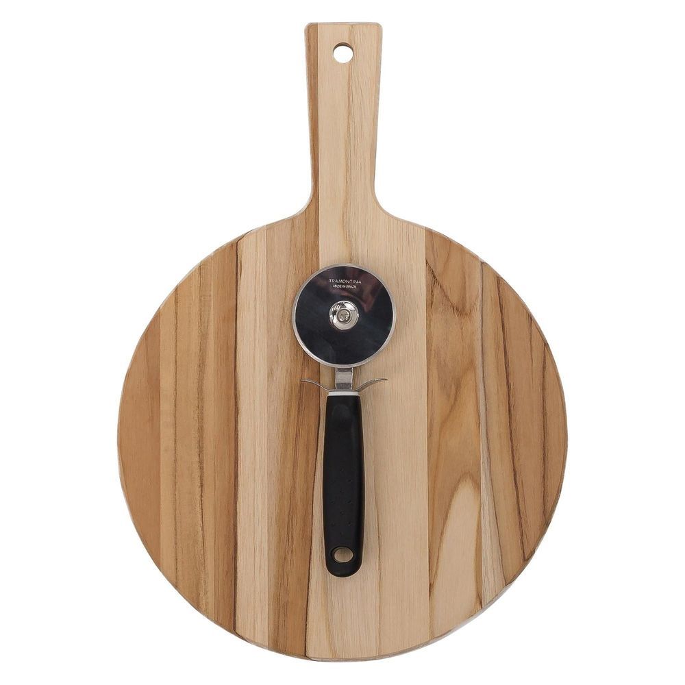 Kit Tábua + Cortador de Pizza em Madeira Teca Finger FSC com Acabamento Lixado Design Funcional e Elegante para Cozinha