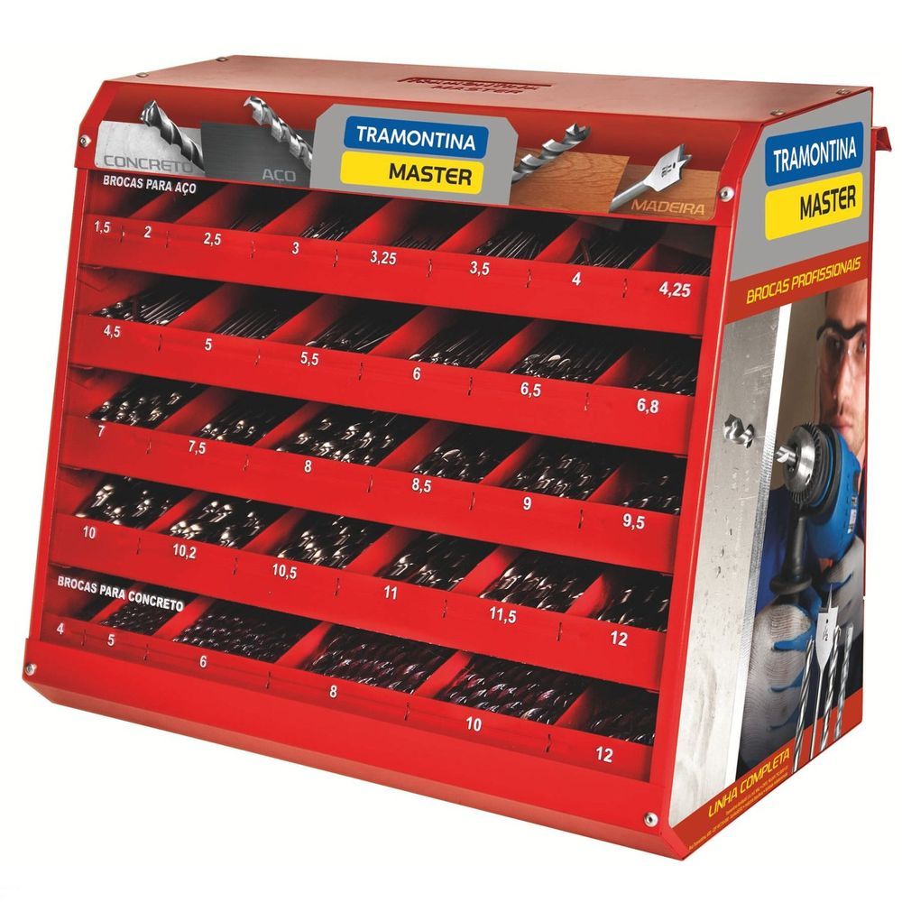 Kit de Brocas Display 400 Peças para Aço e Concreto Resistência e Durabilidade em Milímetros e Polegadas Tramontina Inox