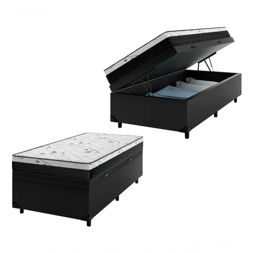 Cama Box com Baú Solteiro Espuma Macia Acoplada 10cm Tecido Liso Preto 88CM