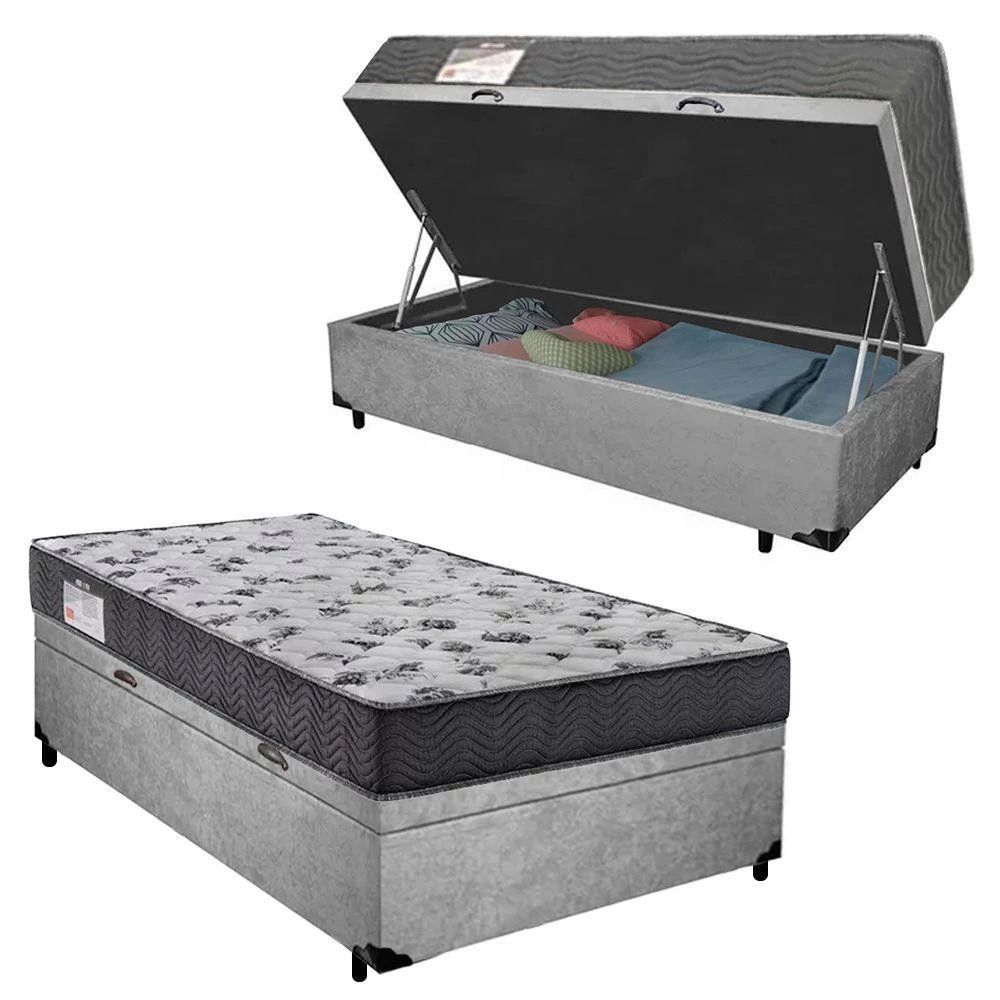 Cama Box com Baú Solteiro Espuma Macia 10cm Acoplado Tecido Liso Cinza 88CM
