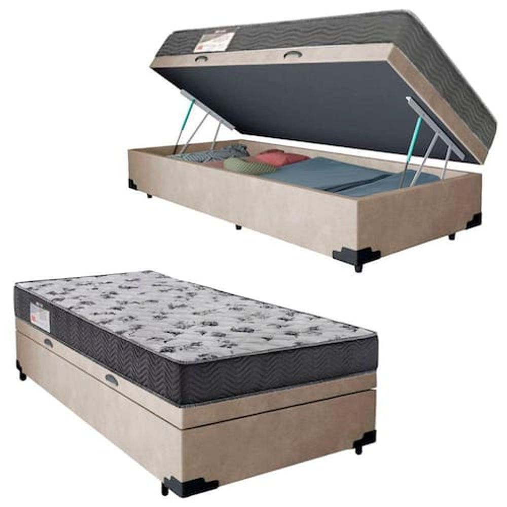 Cama Box com Baú Solteiro Espuma Macia Acoplada 10cm Tecido Liso Bege 88CM 188CM