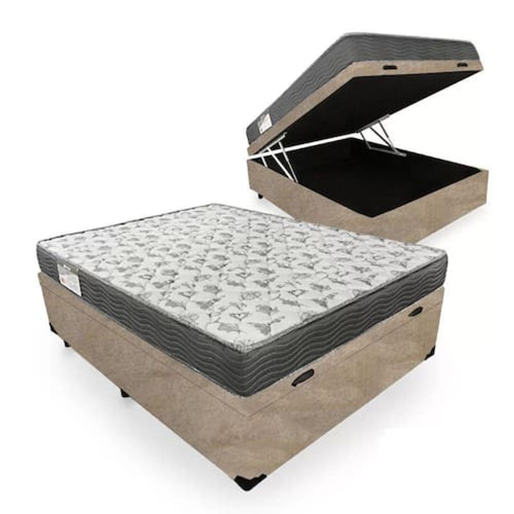 Cama Box com Baú Casal Cama Box Baú Espuma Macia Acoplado Suede Bege Espuma Gel 138CM 188CM