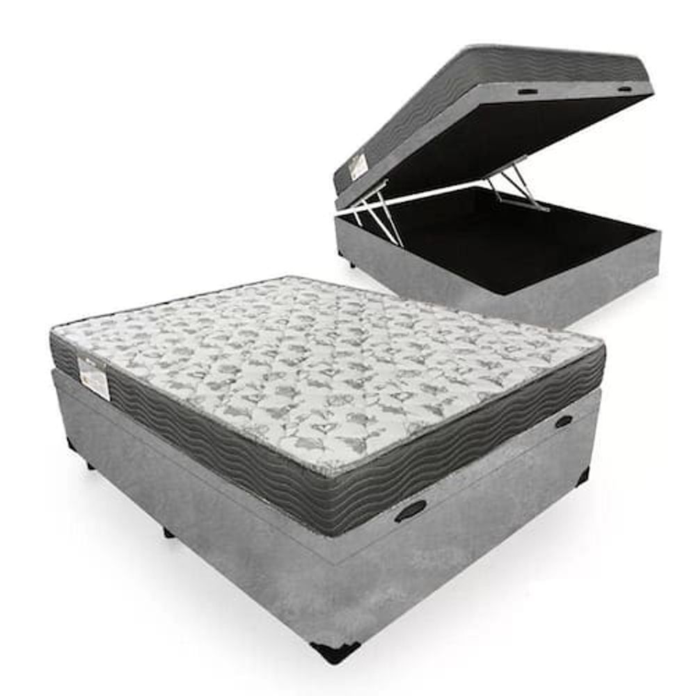 Cama Box com Baú Casal Cama Box Baú Espuma Macia Acoplado Tecido Suede Cinza 138CM