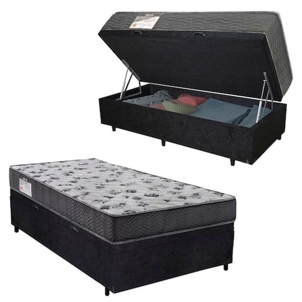 Cama Box com Baú Solteiro Espuma Macia Acoplada 10cm Tecido Preto 88CM