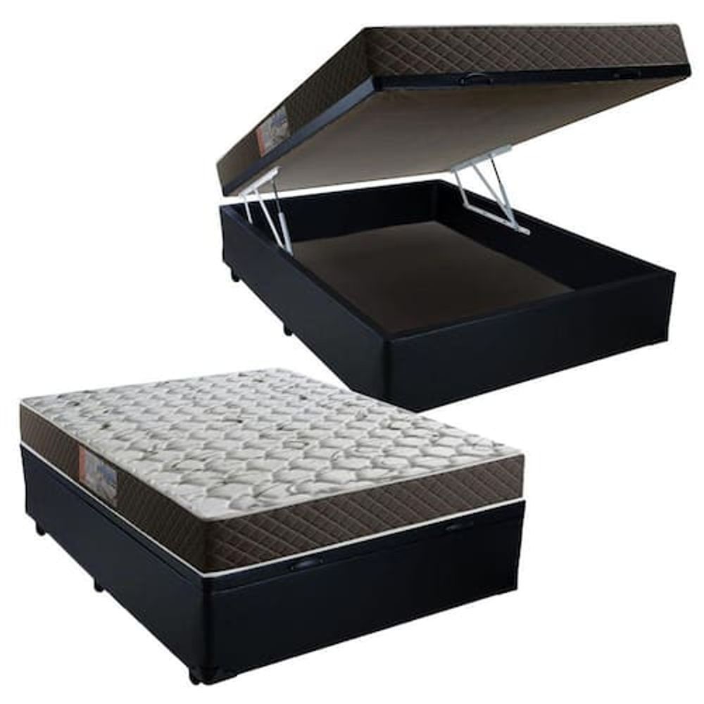 Cama Box com Baú Casal Abertura Pneumática Colchão Molas Bonnel Tecido Sintético Preto 138CM 188CM