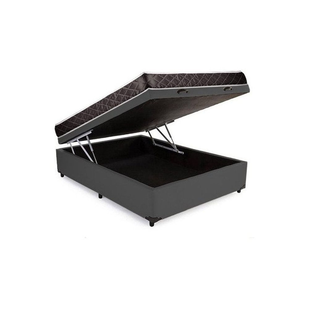 Cama Box com Baú Casal Acoplado Colchão Espuma Macia 10CM Tecido Sintético Cinza 138CM