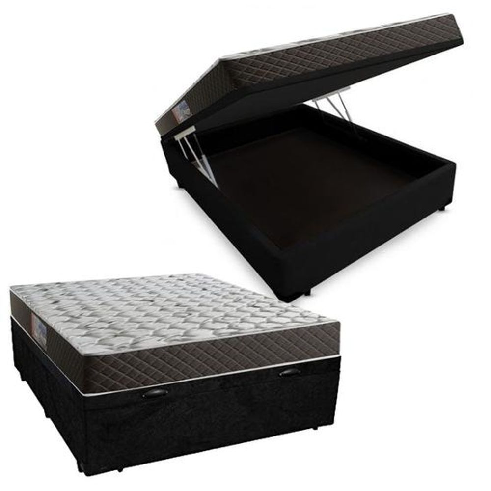 Cama Box Baú Casal Pistão a Gás com Colchão Molas Bonnel Suede Preto