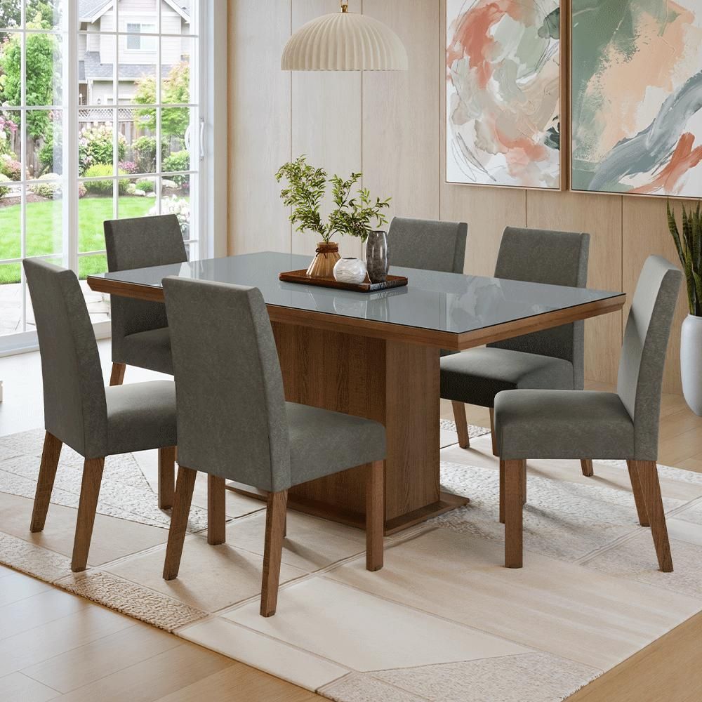 Conjunto de Jantar Alba 6 Lugares Tampo em Vidro com Cadeiras Estofadas Silver Rustic 160CM Madesa
