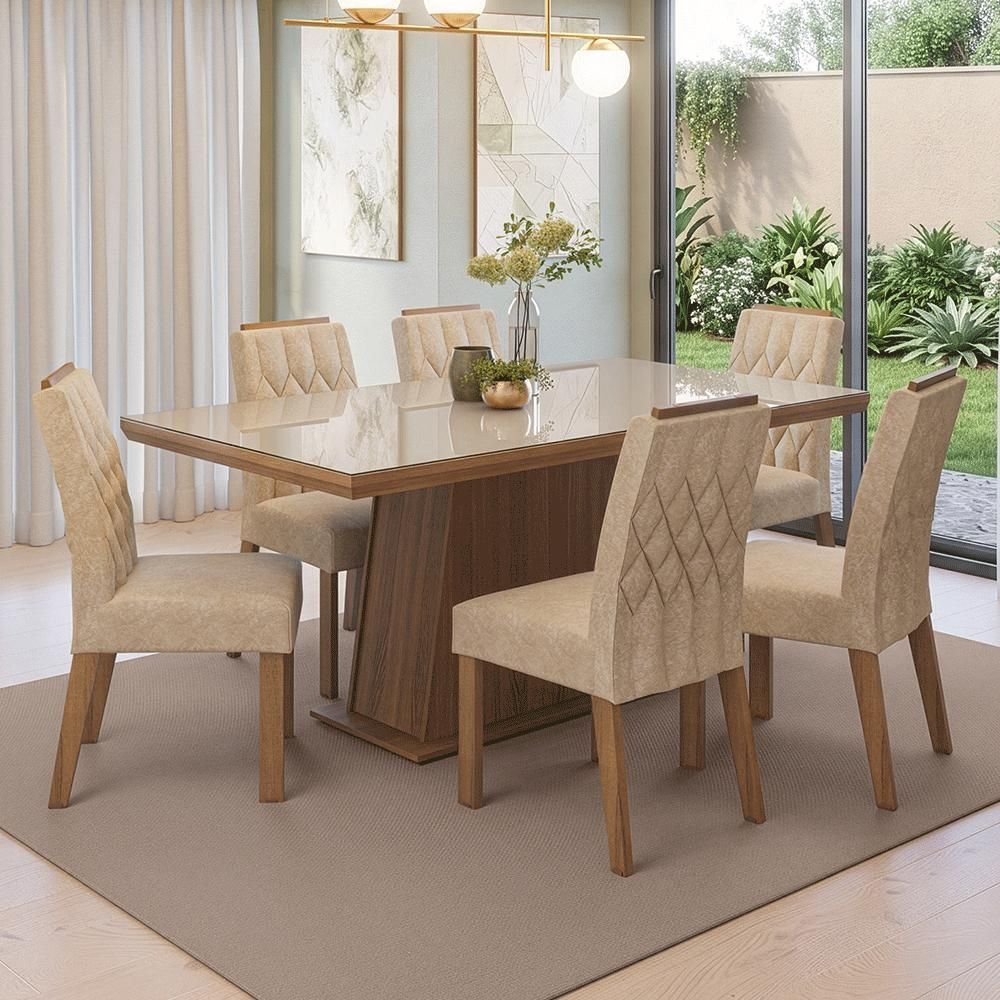 Conjunto de Jantar Colmar 6 Cadeiras Tampo em Vidro com Moldura Brilhante Marrom 160CM Madesa