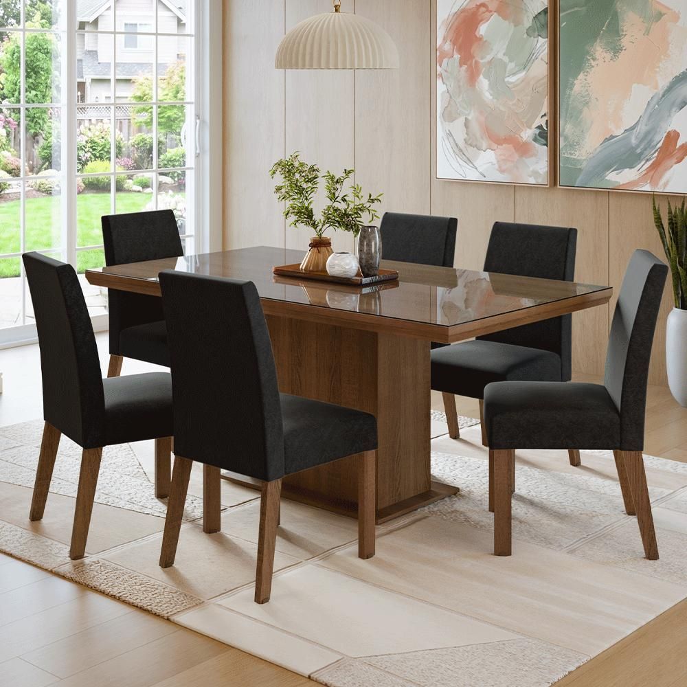 Conjunto de Jantar Alba 6 Lugares Tampo MDF com Vidro Temperado Marrom 160CM Madesa