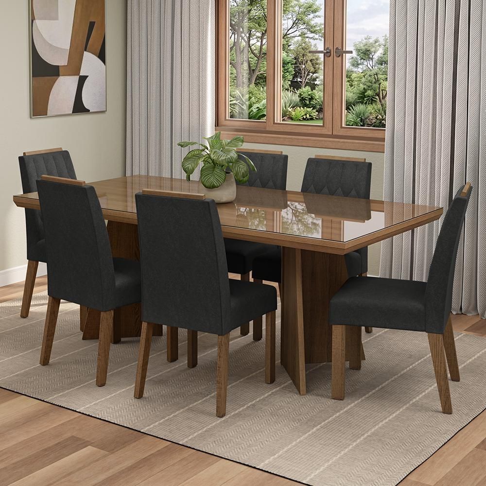 Conjunto de Jantar Pienza 6 Lugares Tampo em Vidro com Moldura e Cadeiras Estofadas Oxford Marrom 160CM Madesa