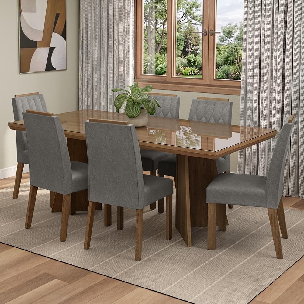 Conjunto de Jantar Pienza 6 Lugares Tampo em Vidro com Moldura e Pés Trapézio Marrom 160CM Madesa