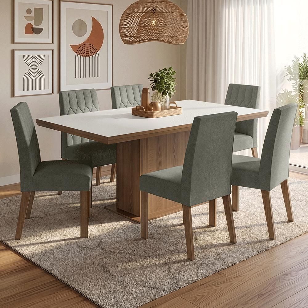 Conjunto de Jantar Luso 6 Lugares Tampo em MDP com Base Pedestal Rustic Branco Silver 160CM Madesa