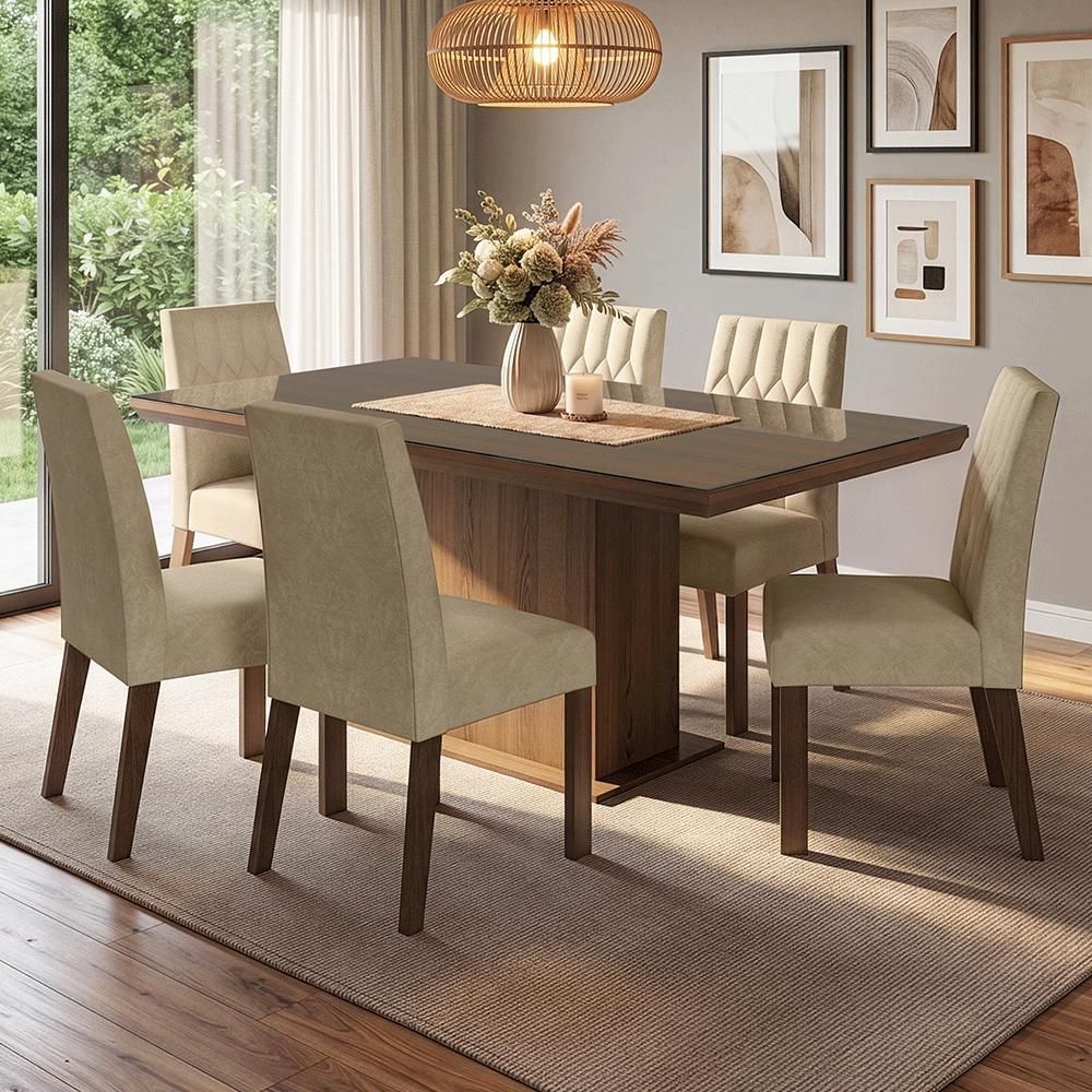 Conjunto de Jantar Dinan 6 Lugares Tampo em MDF com Vidro Sobreposto Marrom 160CM Madesa