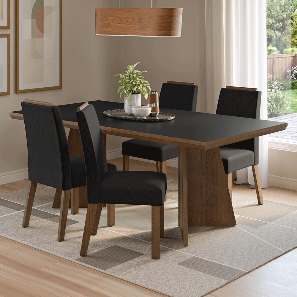 Conjunto Sala de Jantar Arles 4 Lugares Tampo em MDP com Pés Trapézio Rustic Preto Oxford 160CM Madesa