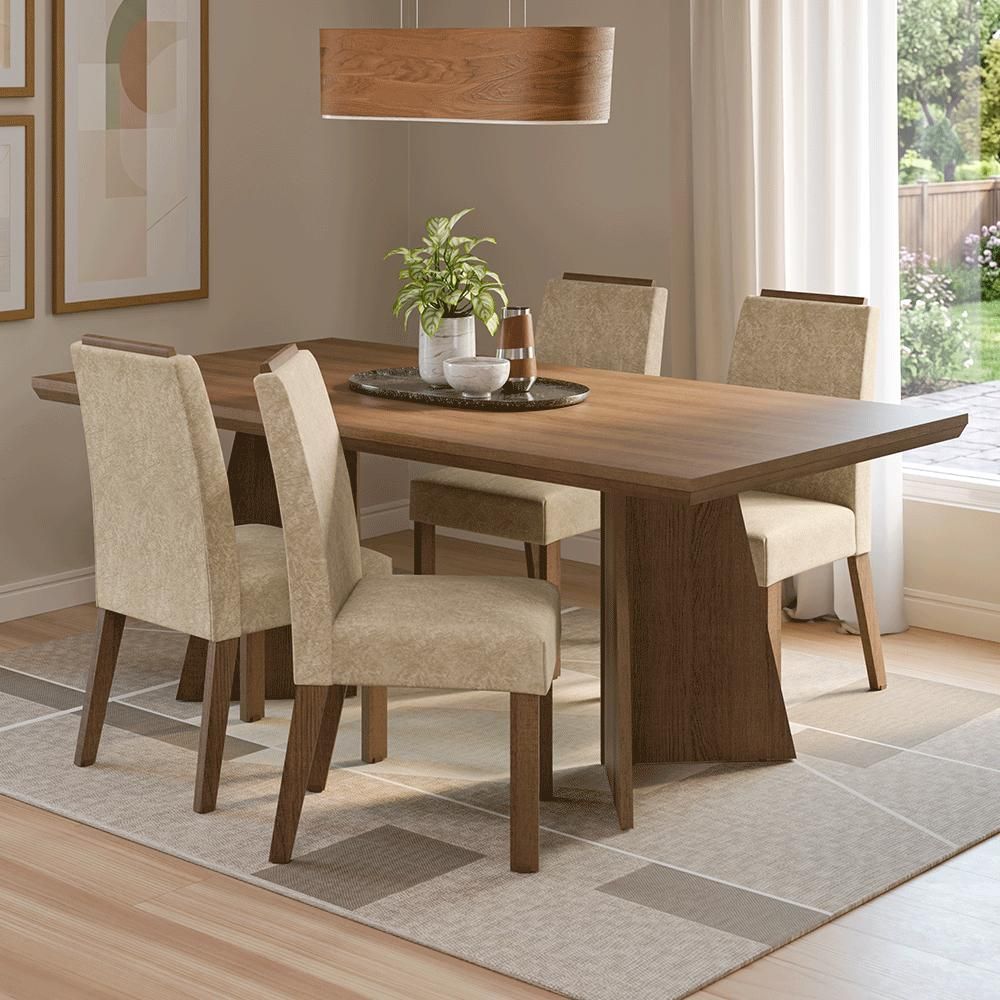 Conjunto de Jantar Arles 4 Lugares Tampo em MDP com Pés Trapézio Marrom 160CM Madesa 6 Volumes